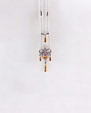 Diamond (0.85ctw) With Yellow and Pink Sapphire (1.30ctw) Chandelier Necklace in 14K Two Tone Gold