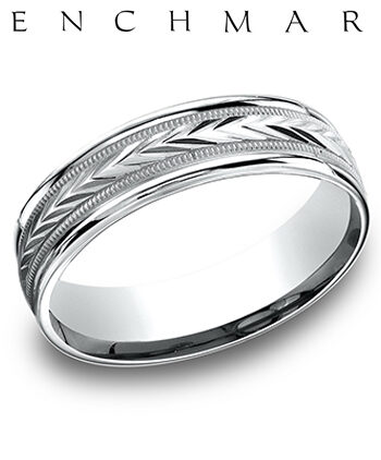 Wedding Band 6.5mm Harvest Milgrain Center With High Polish Edges RE Light Comfort Fit Band in 14K White Gold