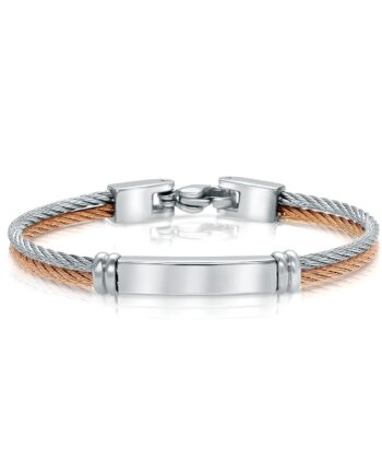 Kid's Stainless Steel & Rose IP Plated Double Row Cable Bangle Bracelet w/ ID Plate