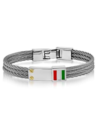 Kid's Stainless Steel Triple Row & 18K Yellow Gold Italian Flag ID Plate Cable Bangle Bracelet