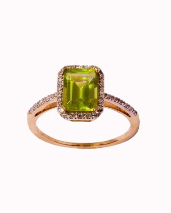 14K Yellow Gold 8x6 MM 1.70ct Emerald Cut Peridot w/ 0.10ct Halo & Single Row Shank