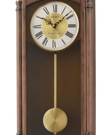 Brown Wooden Case Clock Westminster Chime #10309 Add a touch of traditional elegance to your home with this pendulum wall clock with gold-tone accents. It features a Westminster/Whittington chime, volume control, and nighttime silencer. Brown wooden case Pendulum Westminster/Whittington quarter-hour chime Hourly strikes Nighttime chime silencer Volume control One "C" battery required Dimensions: 22.75" x 12.25" x 5"