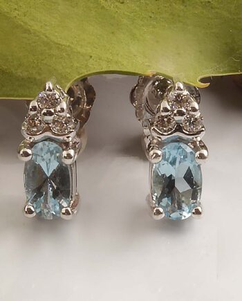 Aquamarine W/Diamonds Earrings 14KWG #11702 Posts 0.6U Ovals 