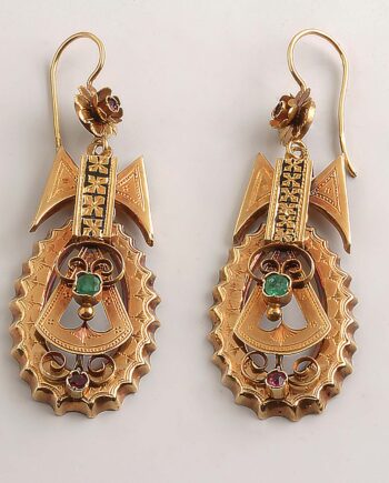 Dangle 14KYG Estate Earrings W/Emerald & Ruby #11739 Length 3" X 1" Wide 