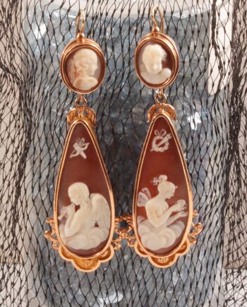 Estate Cameo Dangle Earrings 14KYG #11759 Brown & Cream Total Size 3"x 1" 