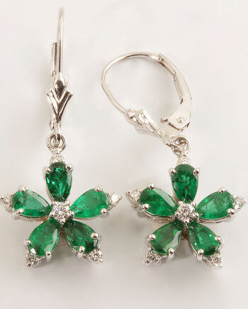 Emerald & Diamond Dangle Flower Earrings 14KWG #11824, EM 2.12TCW 0.17TDW