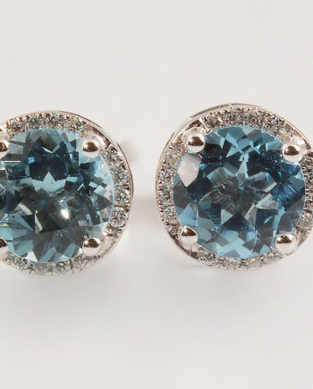 Blue Topaz W/Diamond Halo Post Earrings 14KWG #11826, BT 2.00 CW 0.28TDW