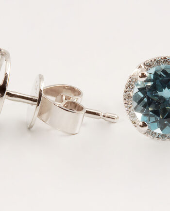Blue Topaz W/Diamond Halo Post Earrings 14KWG #11826, BT 2.00 CW 0.28TDW