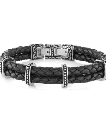 Black Leather Bracelet w/ Vintage Design