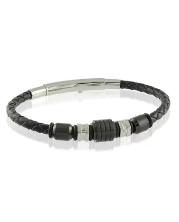 Black Leather and Stainless Steel Bracelet
