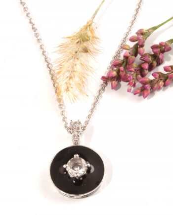 Sterling Silver White Topaz & Onyx Disc Pendant