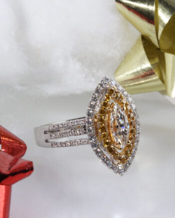 18KT WG .48ct Marquise Diamond Center & White & Yellow Diamonds Accents Engagement Ring