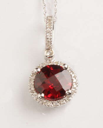 14KWG Garnet w/ Diamond Halo Pendant