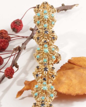 14K YG Estate Turquoise and Sapphire Flower Bracelet