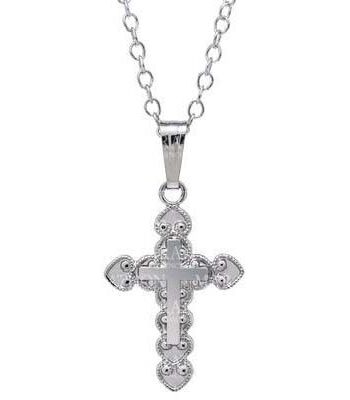 SS Ornate Cross Childs Pendant. 12x21mm. 15"chain. #12353