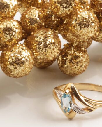 14KYG 6/3 Marquise Swiss Blue Topaz Ring w/ Diamonds .02tdw