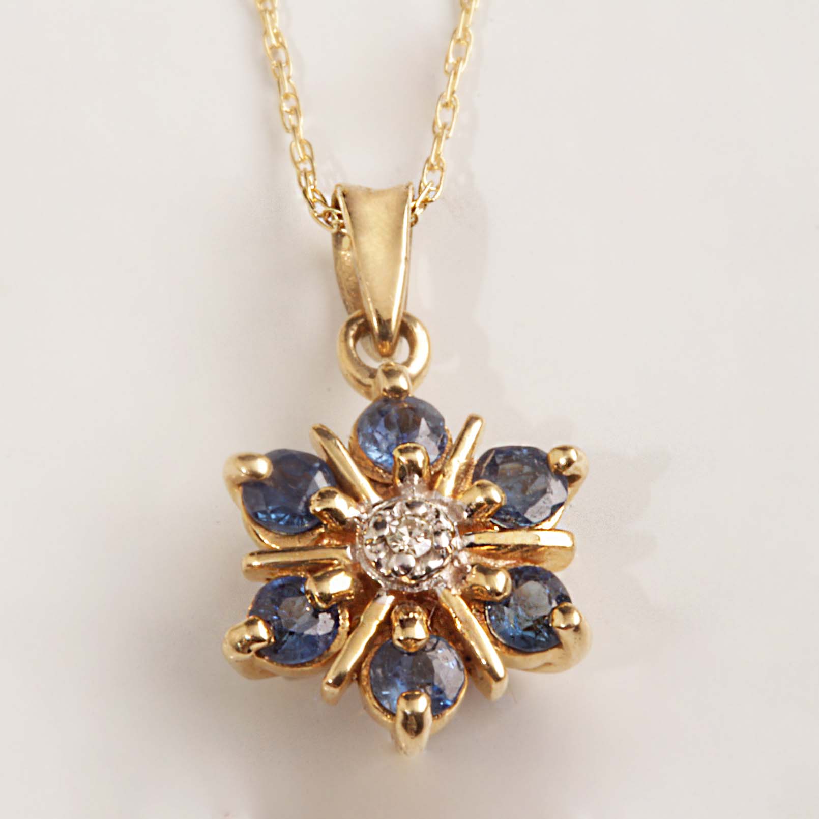 14KT Yellow Gold .01 Diamond & Sapphire Flower Pendant #12466