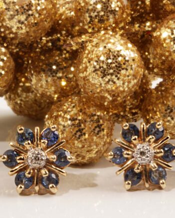 14KT Yellow Gold .02 Diamond & Sapphire Flower Earrings #12466