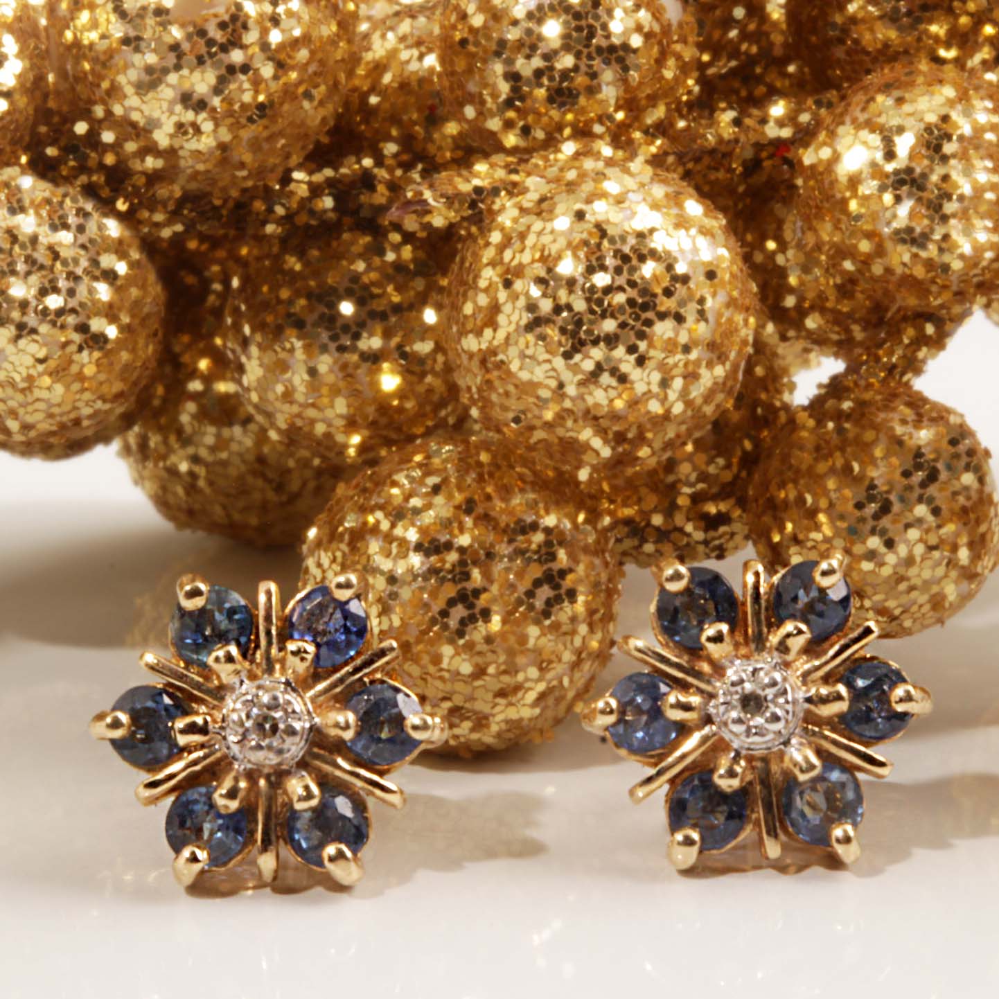 14KT Yellow Gold .02 Diamond & Sapphire Flower Earrings #12466