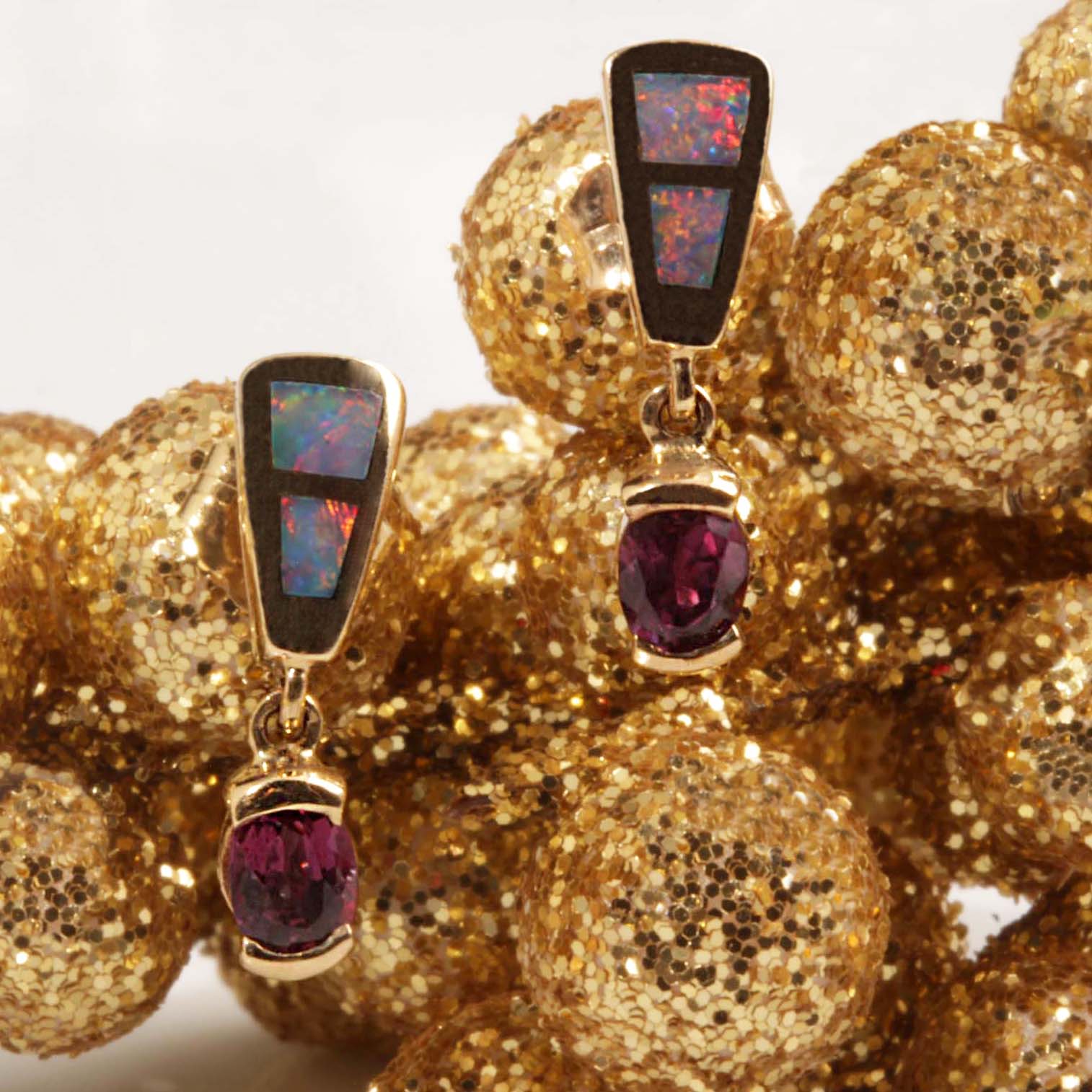 14KT Yellow Gold Opal Inlay & Ruby Earrings #12469