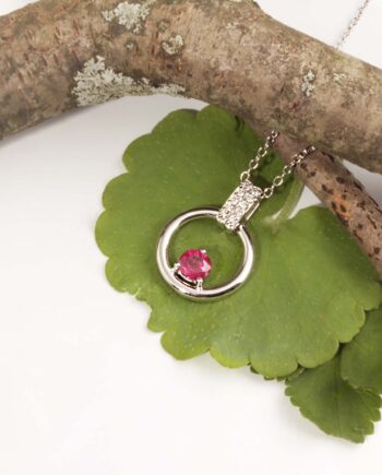 14KT White gold .05 Diamond & Ruby Round Pendant #12480