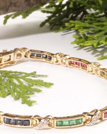 14KYG Diamond, Sapphire, Ruby & Emerald Bracelet.  .20tdw,  33 diamonds, 5.9dwt,  2.0tgw #12500