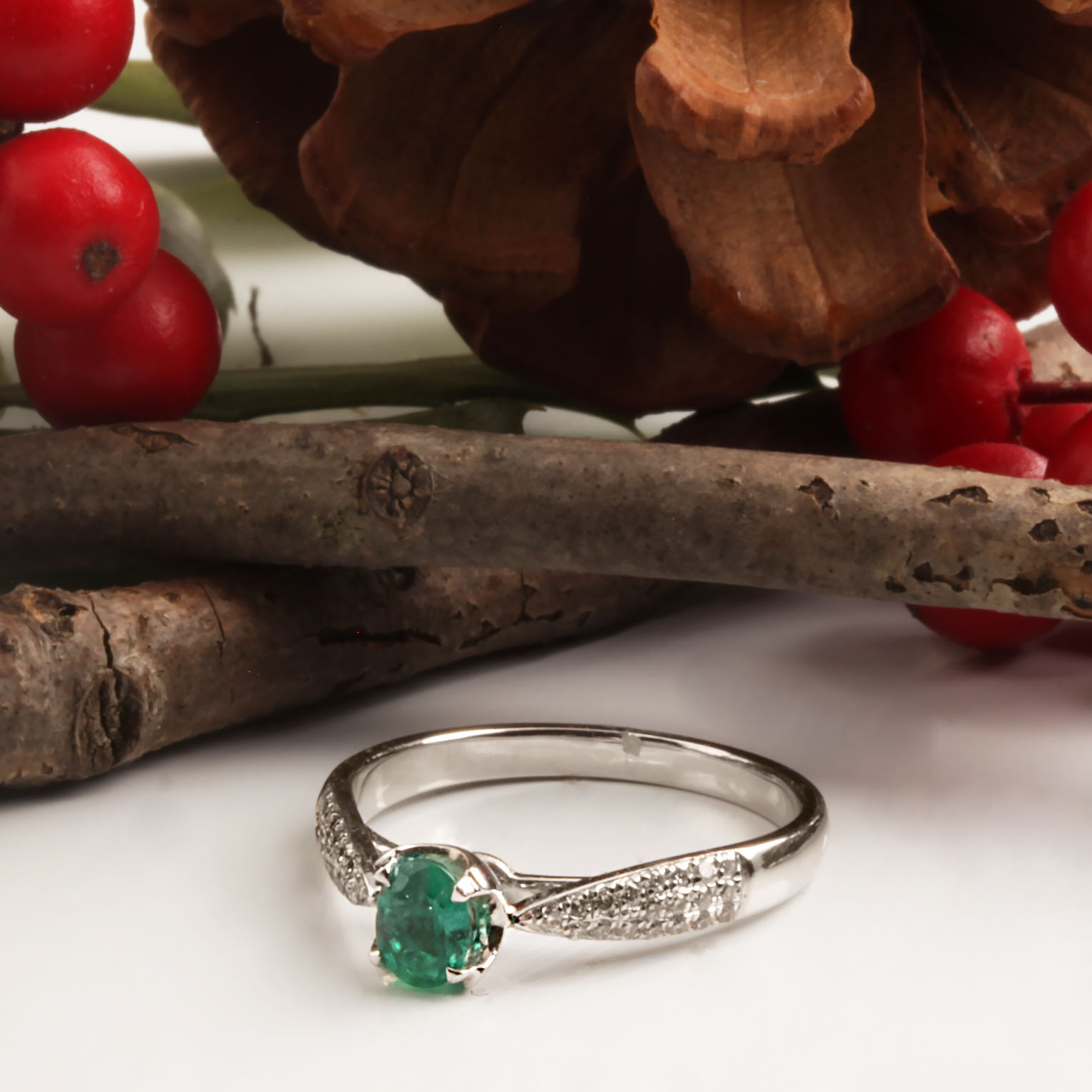 14KW .16ct Emerald & .33tdw Diamond Ring #200-00083