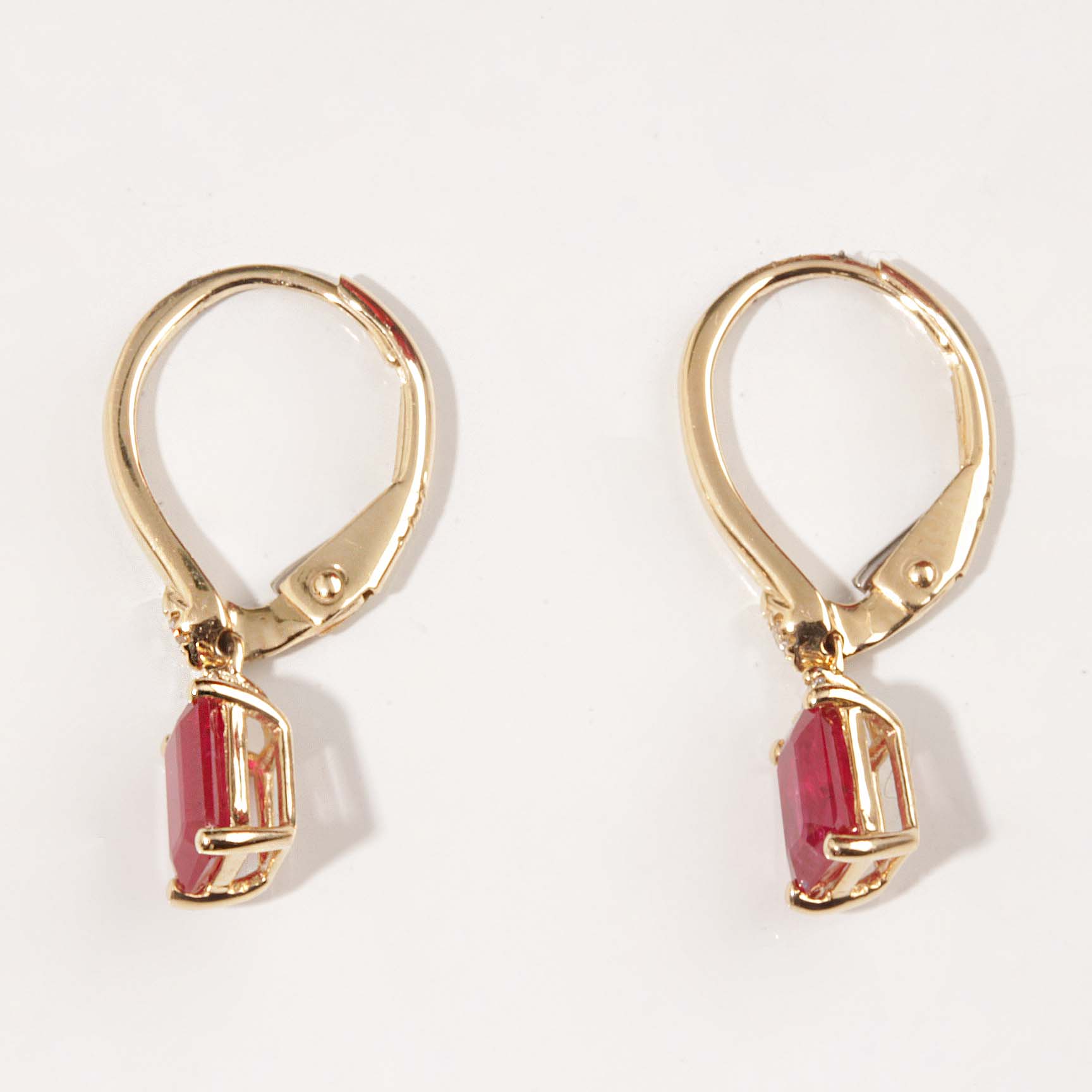 14KY 1.40ct Ruby &.06tdw Diamonds Lever Back Earrings #210-00095