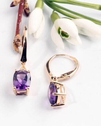 Radiant Amythest and Diamond Leverback Earrings 14KYG