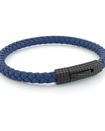 Black IP Stainless Steel Clasp w/Blue Leather Band Bracelet
