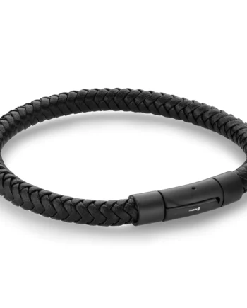 Black IP Stainless Steel Push Clasp w/ Black 8" Leather Bracelet