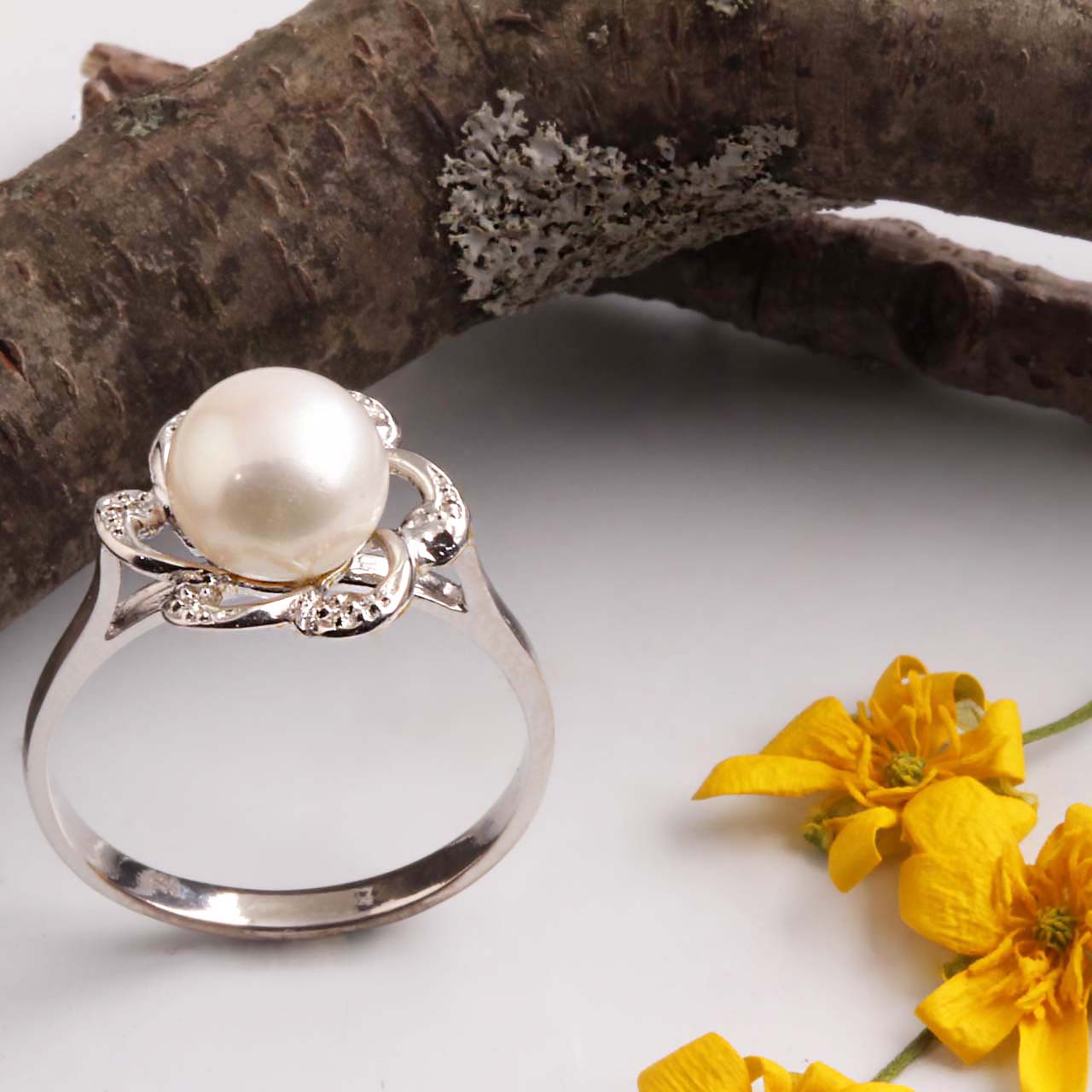 14KT White Gold Flower Pearl Ring #300-00006