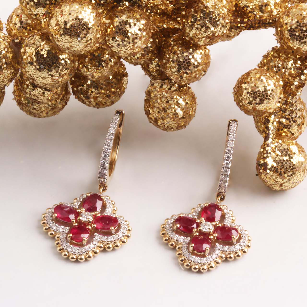 14KT Yellow Gold 1.69ct Ruby & .41tdw Diamond Dangle Earrings #150-00131