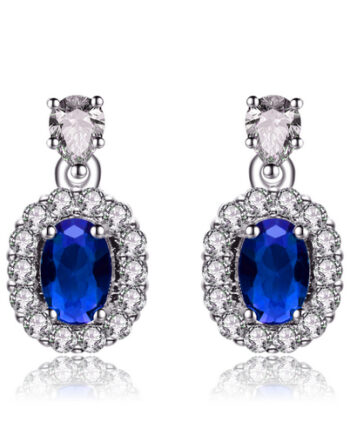Sterling Silver Oval Sapphire CZ w/ White CZ Halo Drop Earrings