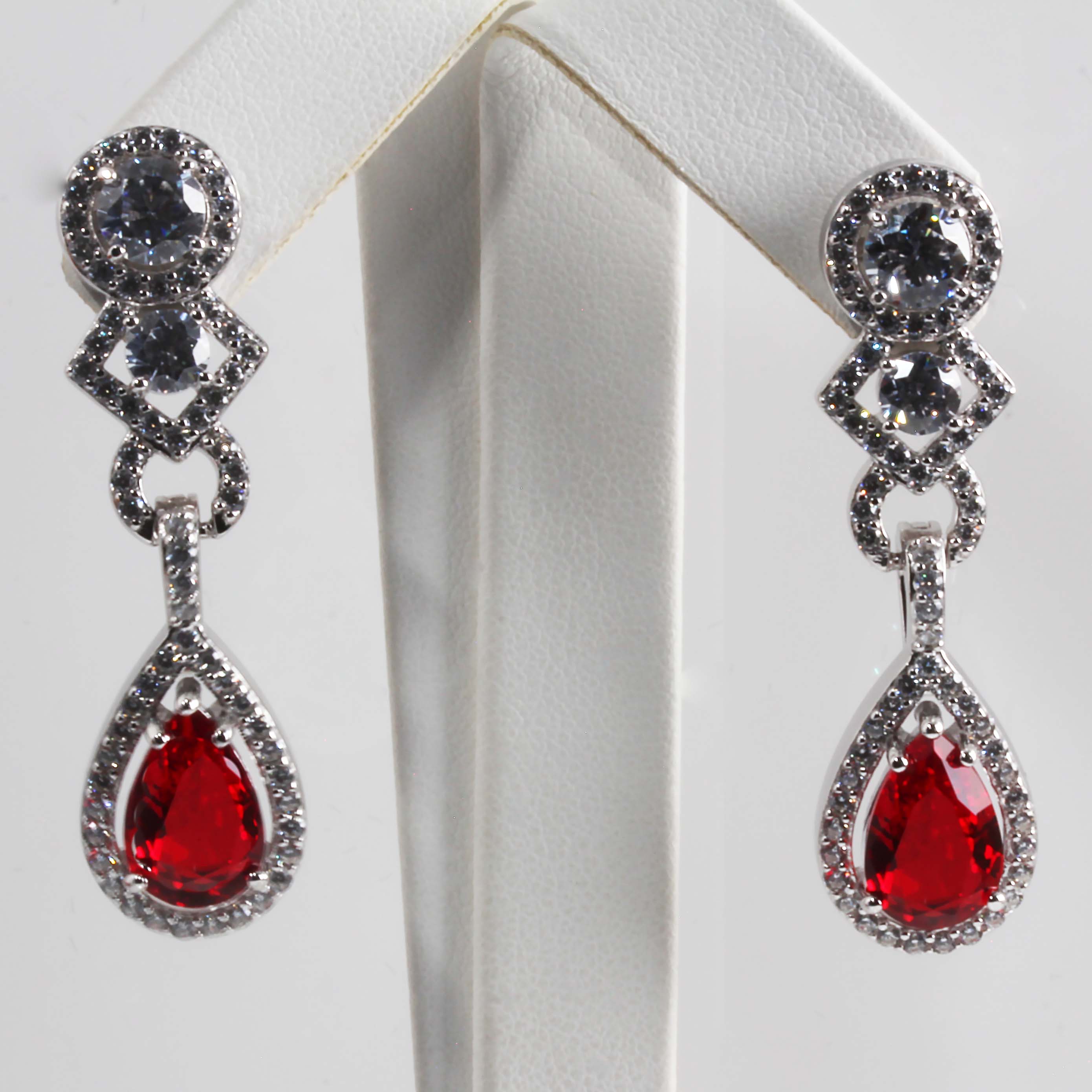 S/S White & Red CZ Earrings (Approx.1.75") #645-00096