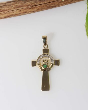 14K YG Celtic Claddagh Cross W/ Emerald Heart Pendant